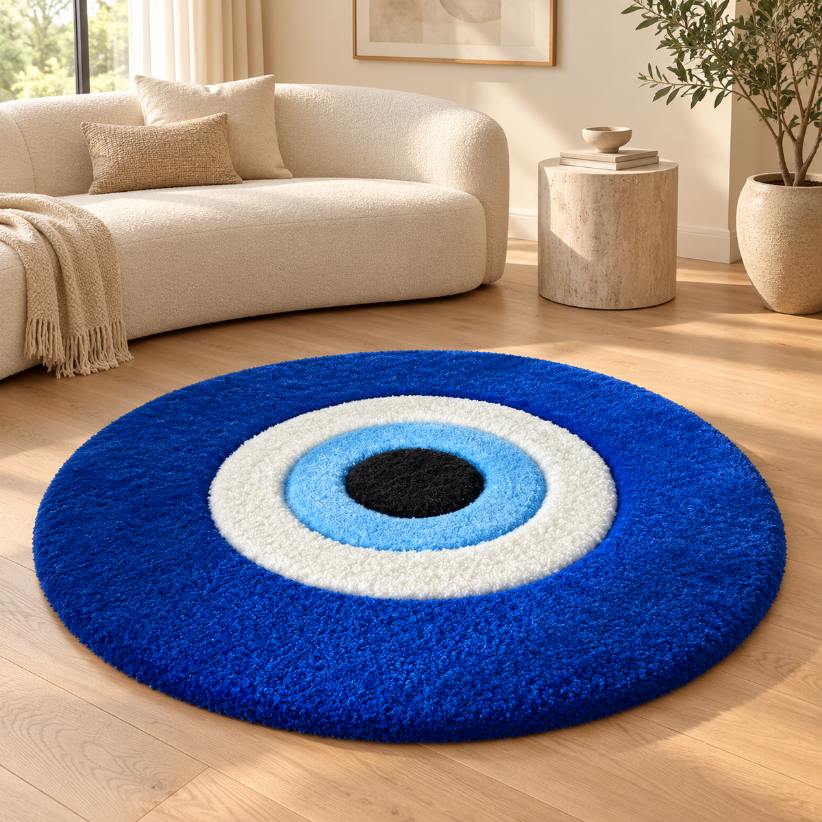 Blue Evil Eye Hand Tufted Rug | Round Statement Carpet