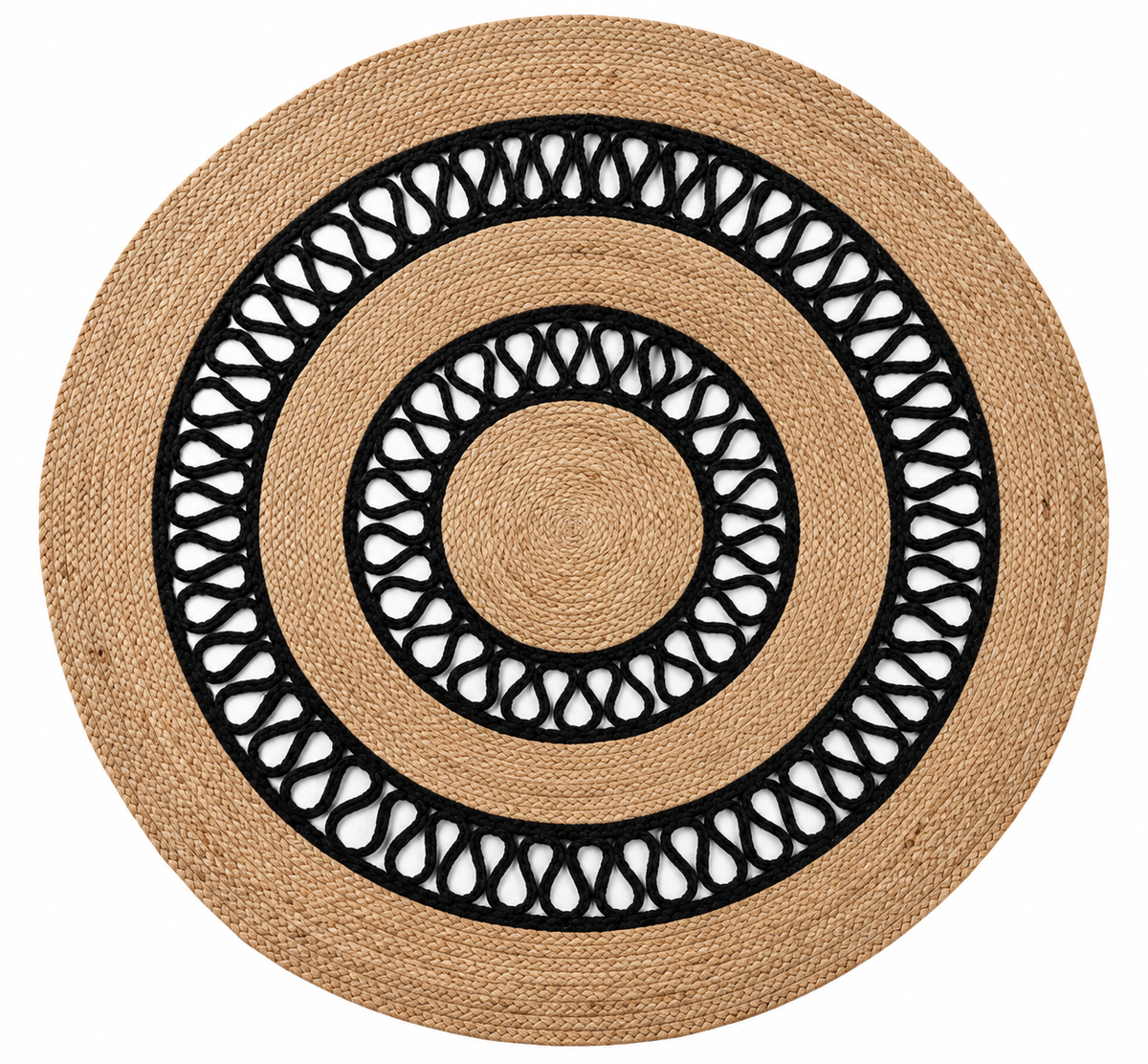 Round Natural & Black Jute Area Rug β Braided Open-Weave Circle Rug for Entryway, Living Room & Bedroom