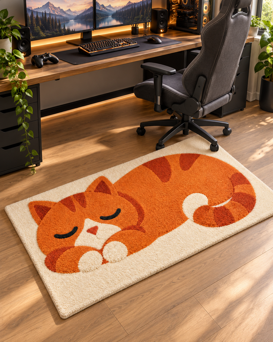 Sleeping Orange Cat Hand Tufted Wool Rug β Cute Cat Area Rug for Bedroom & Gaming Room