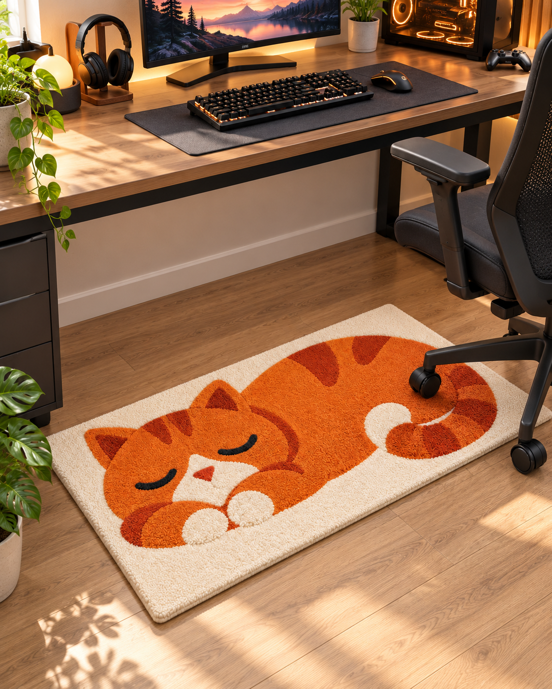 Sleeping Orange Cat Hand Tufted Wool Rug – Cute Cat Area Rug for Bedroom & Gaming Room