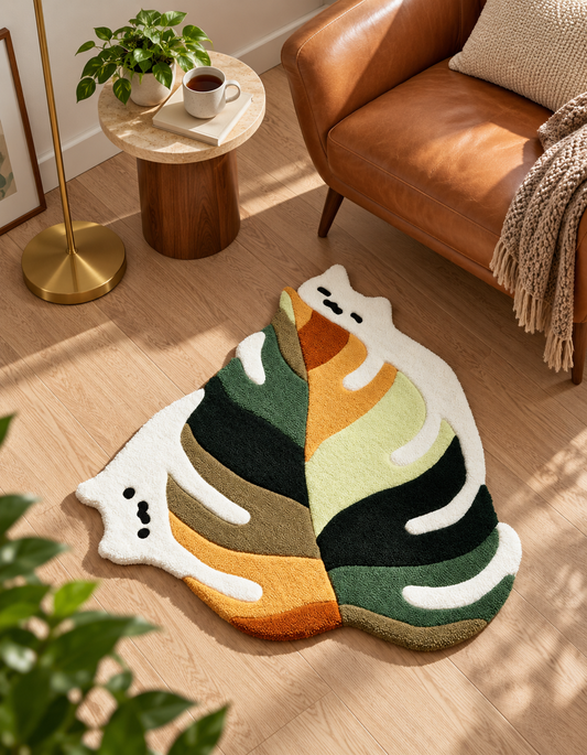 Abstract Ghost Hand Tufted Wool Rug β Green, Orange & Cream Irregular Shape Rug