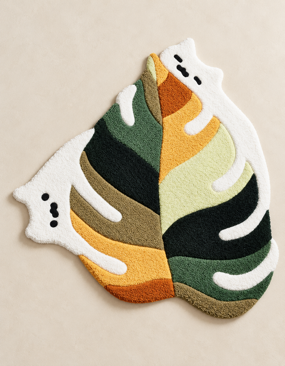Abstract Ghost Hand Tufted Wool Rug – Green, Orange & Cream Irregular Shape Rug
