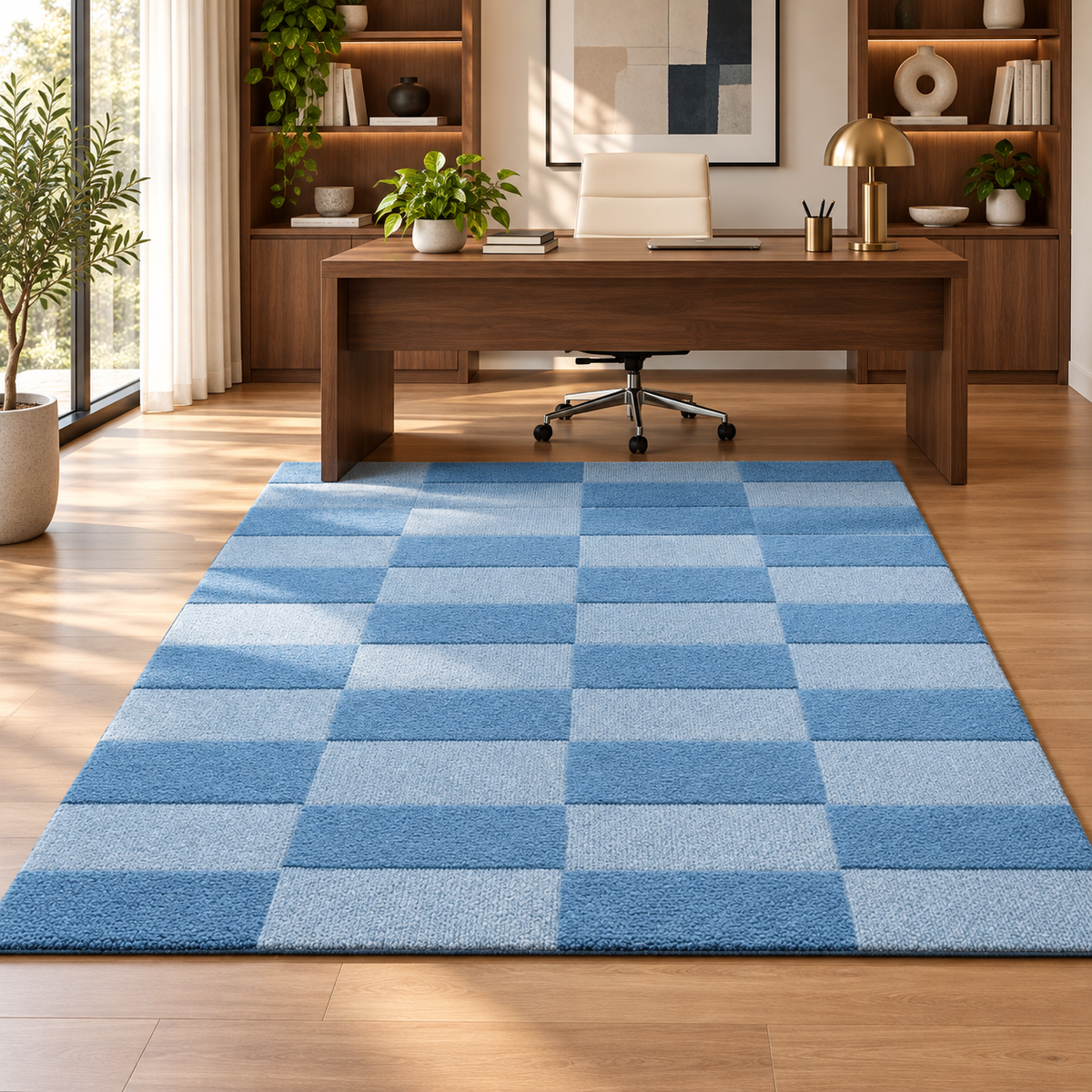 Blue Checkerboard Hand Tufted Wool Rug – Light Blue Geometric Area Rug