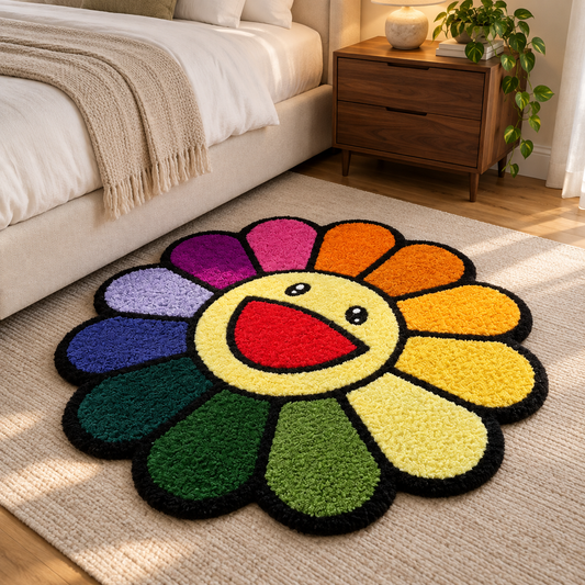 Rainbow Smiley Flower Hand Tufted Wool Rug β Colorful Happy Face Floral Rug