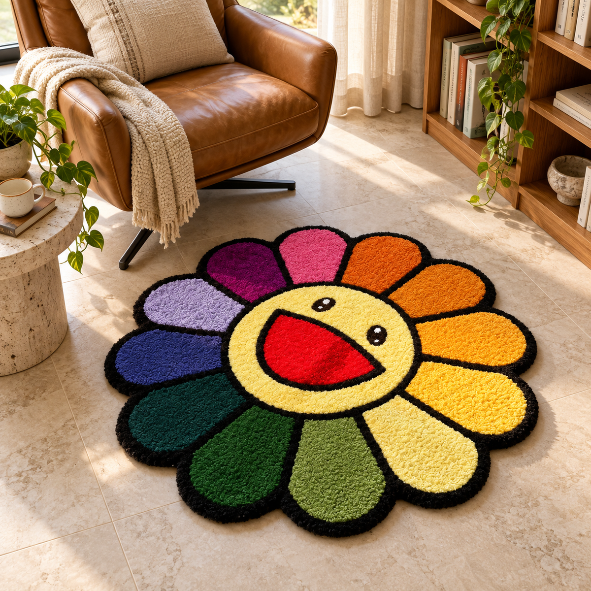 Rainbow Smiley Flower Hand Tufted Wool Rug – Colorful Happy Face Floral Rug