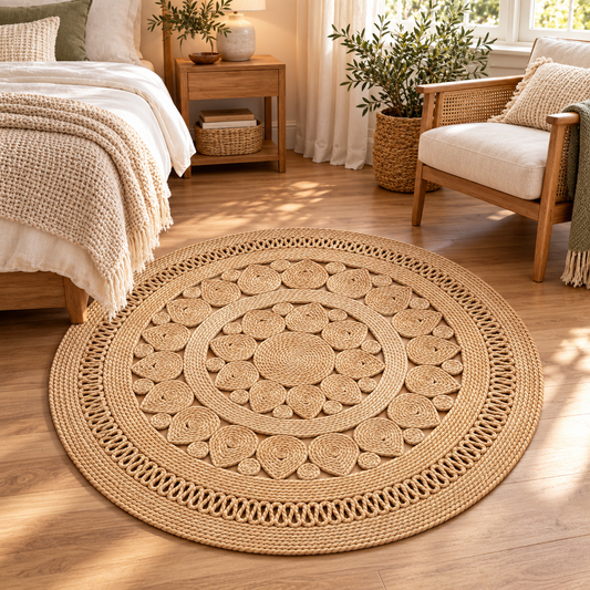 Round Natural Jute Mandala Rug β Beige Braided Floral Circle Rug for Living Room, Bedroom & Boho Home Decor
