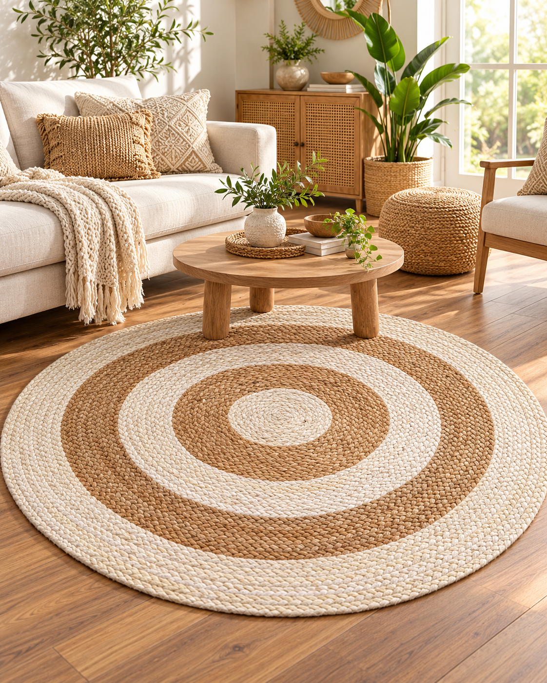 Round Natural & Ivory Jute Area Rug β Braided Concentric Circle Rug for Bedroom, Living Room & Boho Decor
