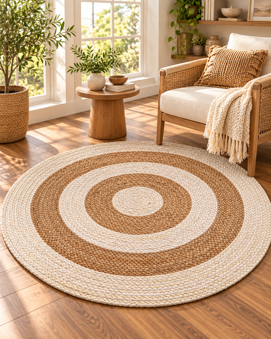 Round Natural & Ivory Jute Area Rug β Braided Concentric Circle Rug for Bedroom, Living Room & Boho Decor