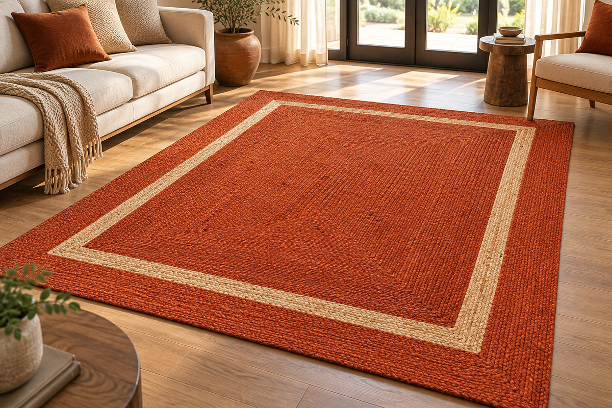 Rust Orange & Natural Jute Area Rug β Rectangular Border Design Rug for Living Room, Bedroom & Modern Home Decor