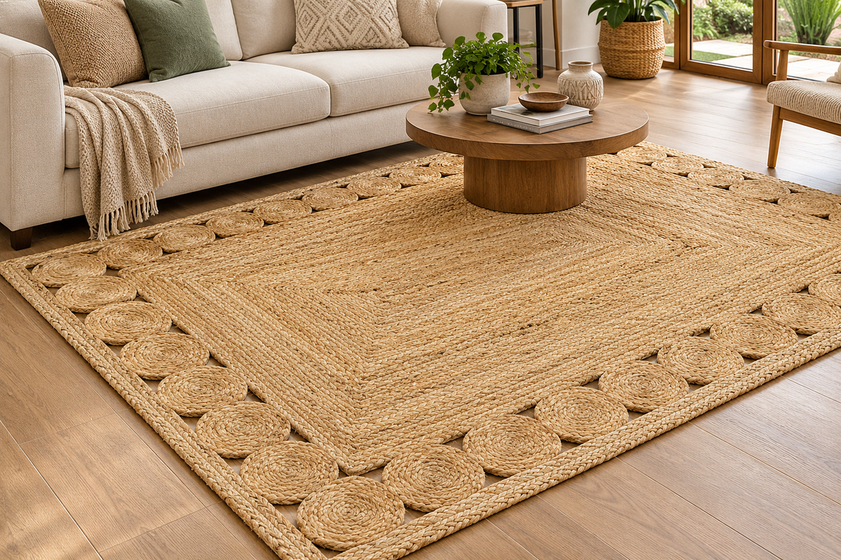 Natural Braided Jute Area Rug β Rectangular Medallion Border Rug for Living Room, Bedroom & Boho Home Decor