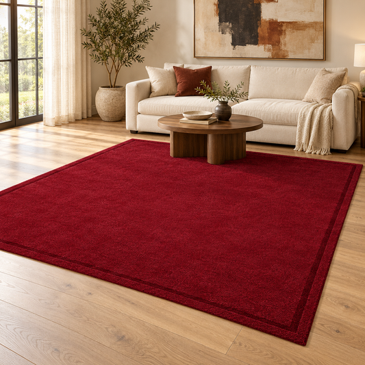 Burgundy Plain Hand Tufted Rug β Subtle Single Border styled in a decorated living room with sofa