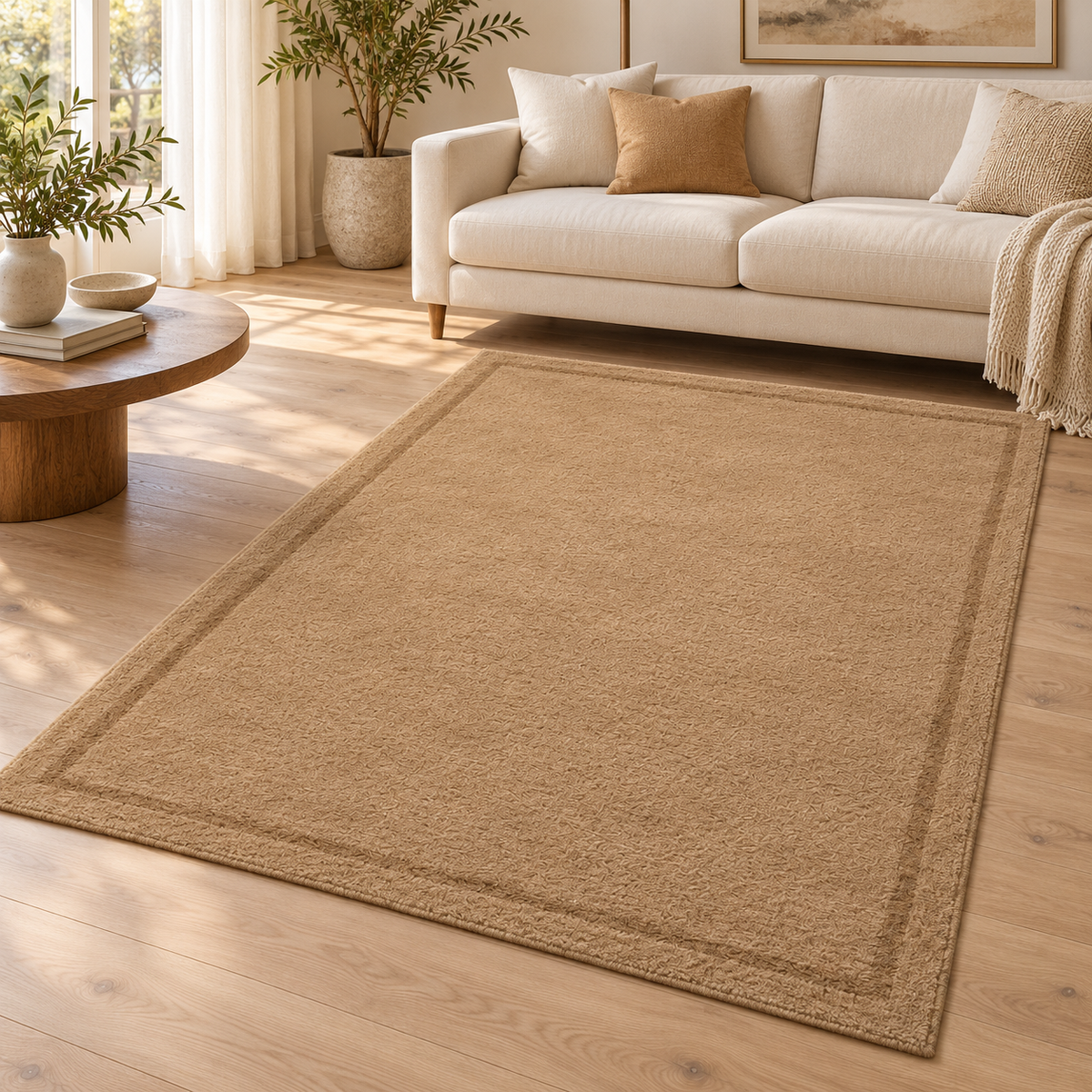 Camel Plain Hand Tufted Rug – Subtle Single Border styled in a decorated living room with sofa