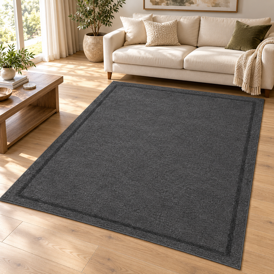 Charcoal Grey Plain Hand Tufted Rug โ Subtle Single Border styled in a decorated living room with sofa