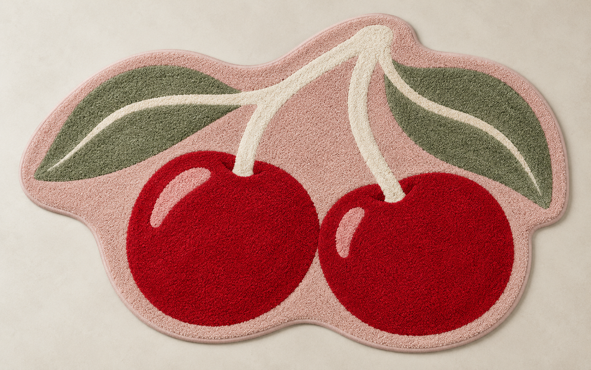 Cherry Duo cherry red, blush pink & sage irregular hand-tufted wool rug โ AI-generated design visualization