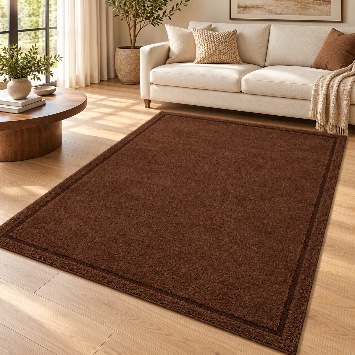 Chocolate Brown Plain Hand Tufted Rug β Subtle Single Border styled in a decorated living room with sofa