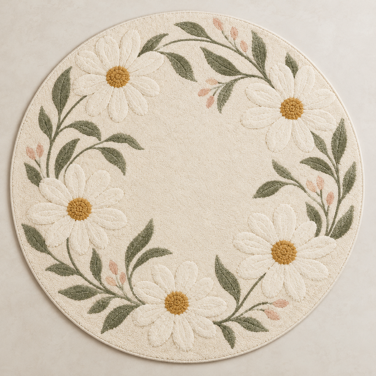 Daisy Halo ivory, sage green & blush pink round hand-tufted wool rug β AI-generated design visualization