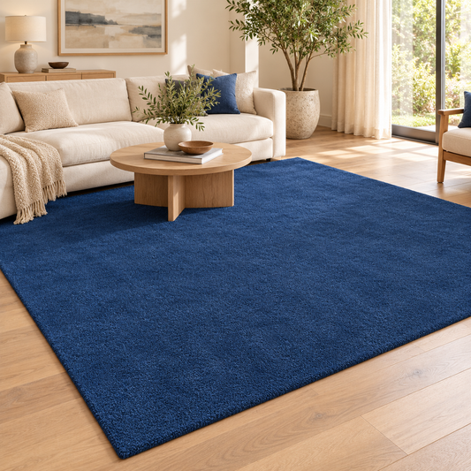 Deep Blue Totally Plain Hand Tufted Rug | Borderless Solid Color styled in a decorated living room with sofa