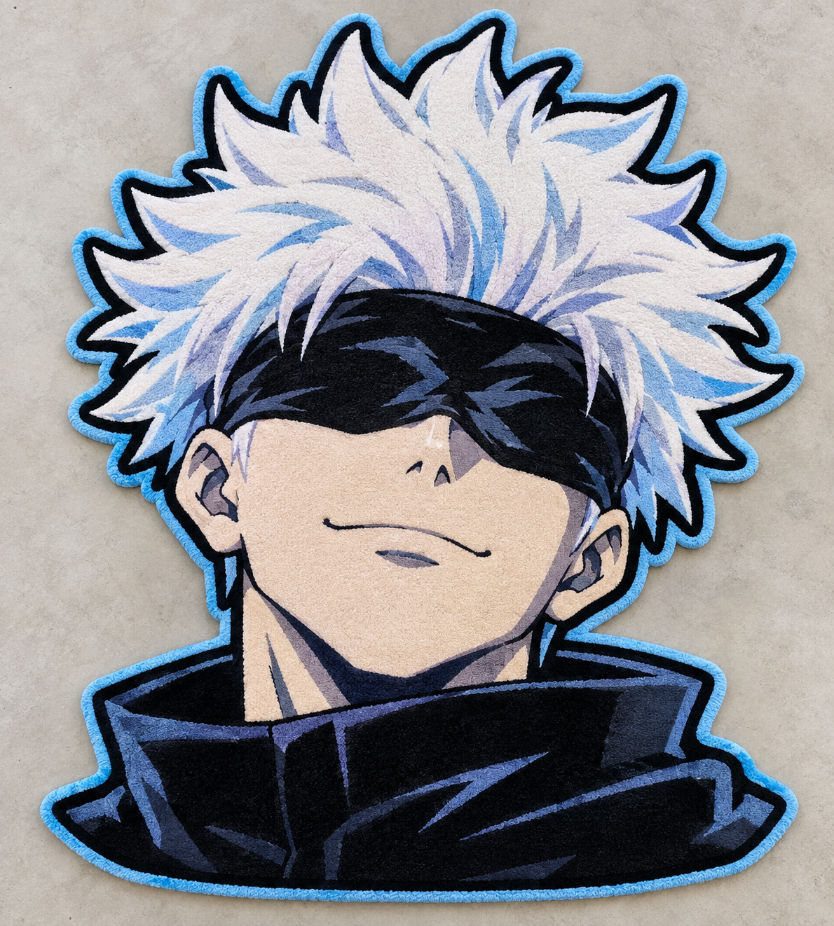 Gojo Midnight Gojo-inspired anime hand-tufted wool character rug in white, black & ice blue โ AI-generated design visualization
