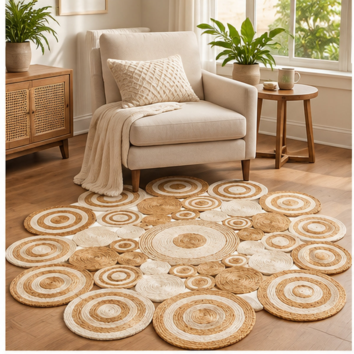Round Natural & Ivory Jute Circle Rug β Braided Geometric Medallion Area Rug for Living Room & Bedroom