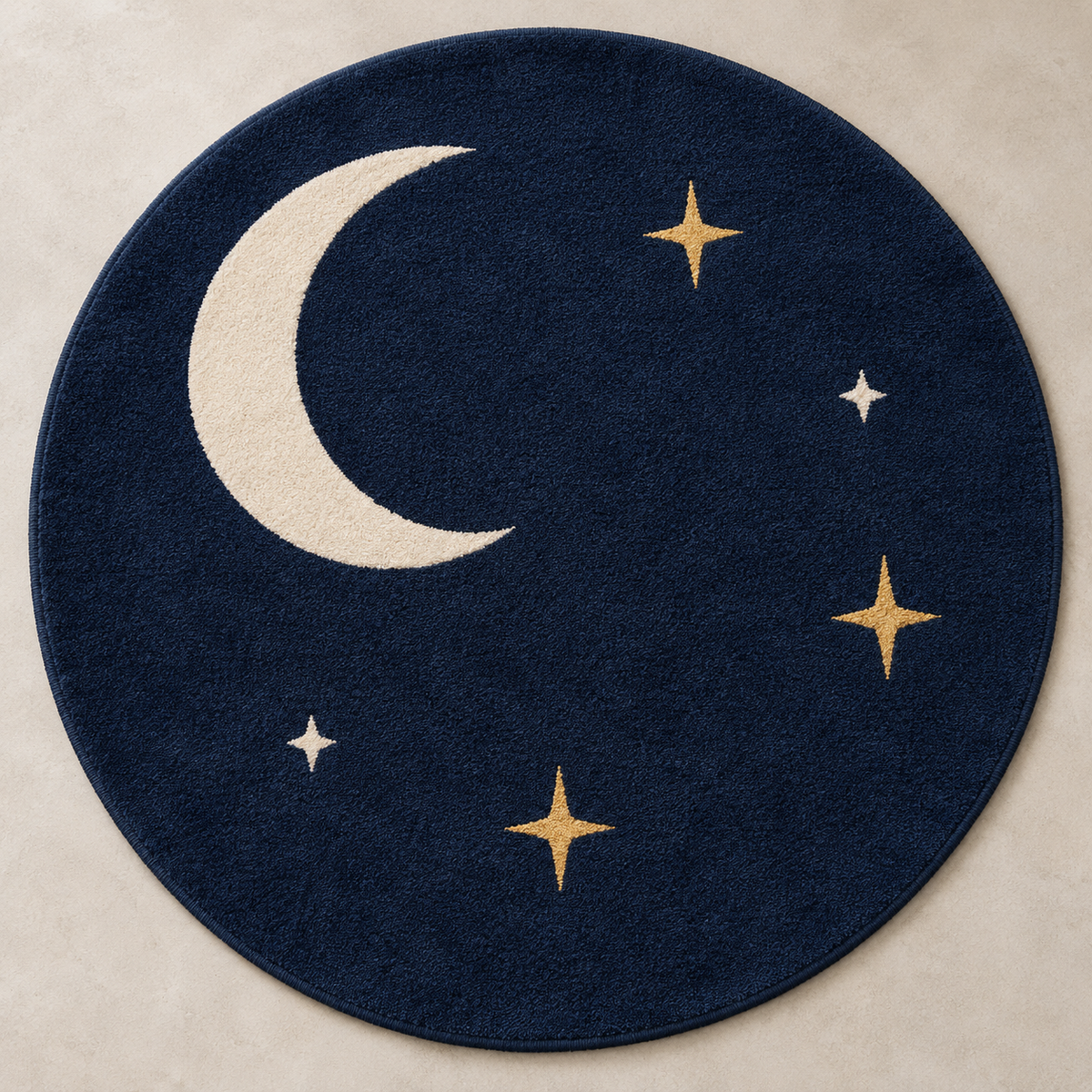 Moon Garden navy blue, cream & gold round hand-tufted wool rug β AI-generated design visualization