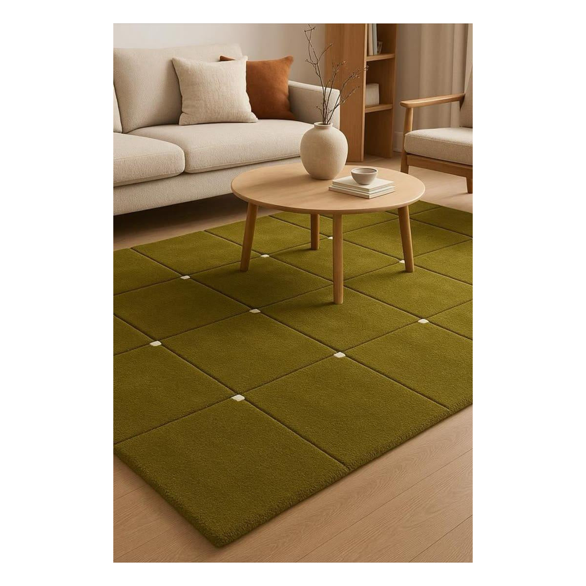 Olive Green Minimal Grid Wool Style Rug