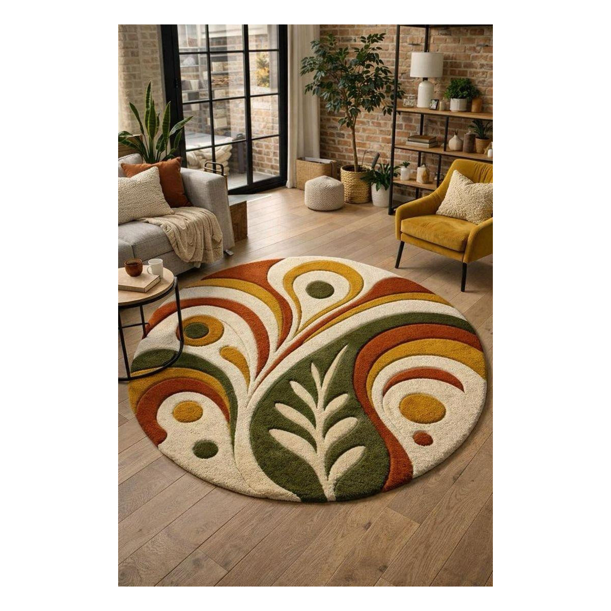 Retro Floral Earth-Tone Round Designer Rug