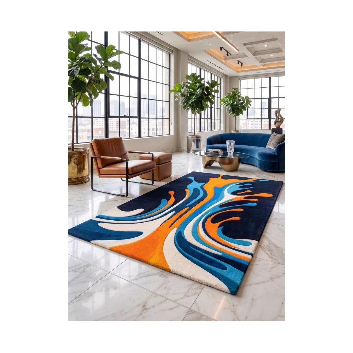 Electric Blue Orange Swirl Abstract Rug