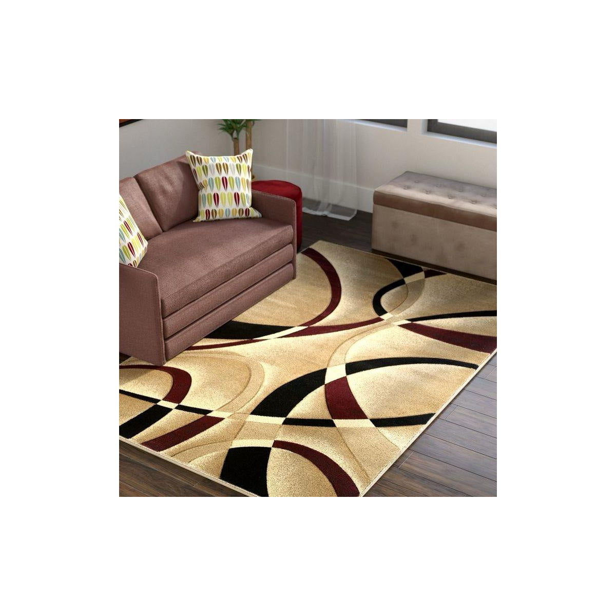 Mocha Chocolate Cream Curved Line Rug