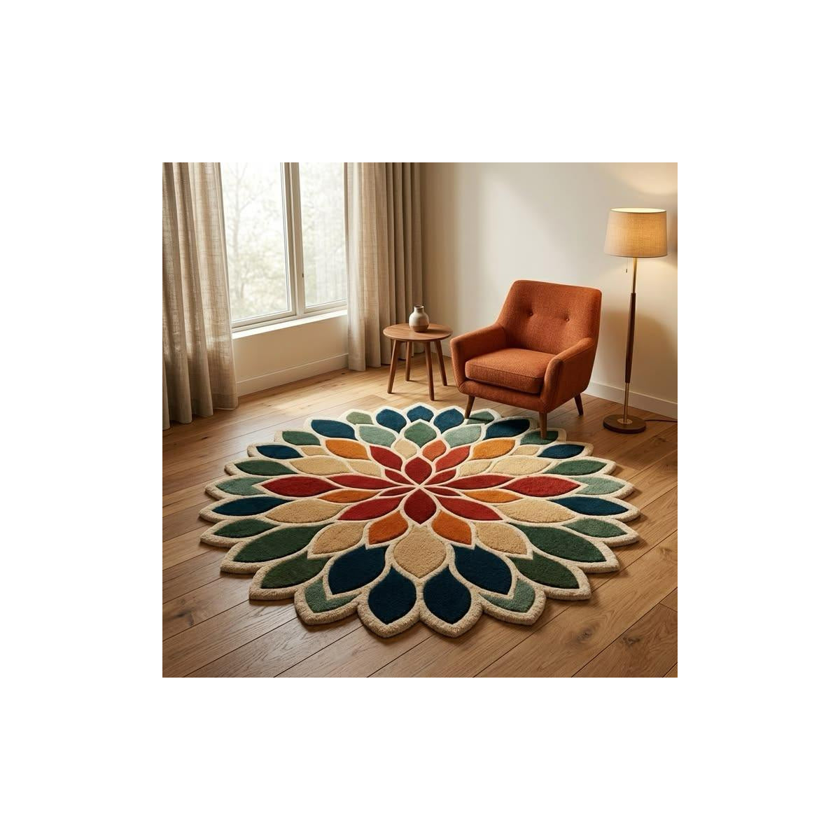 Rainbow Multicolour Dahlia Flower Round Rug