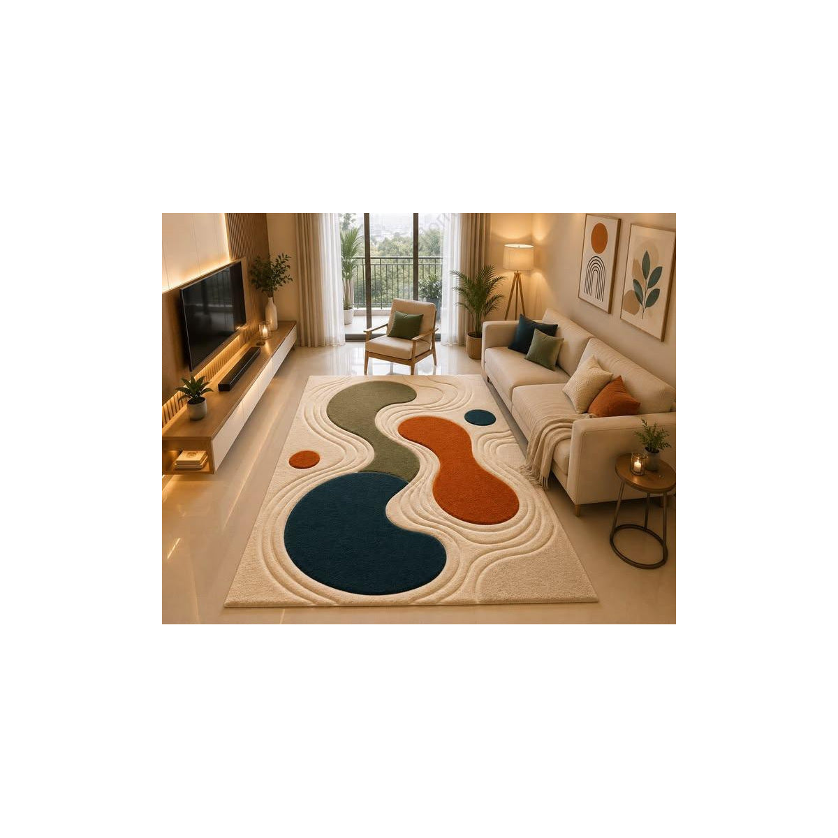 Terracotta Navy Pebble Curves Designer Rug