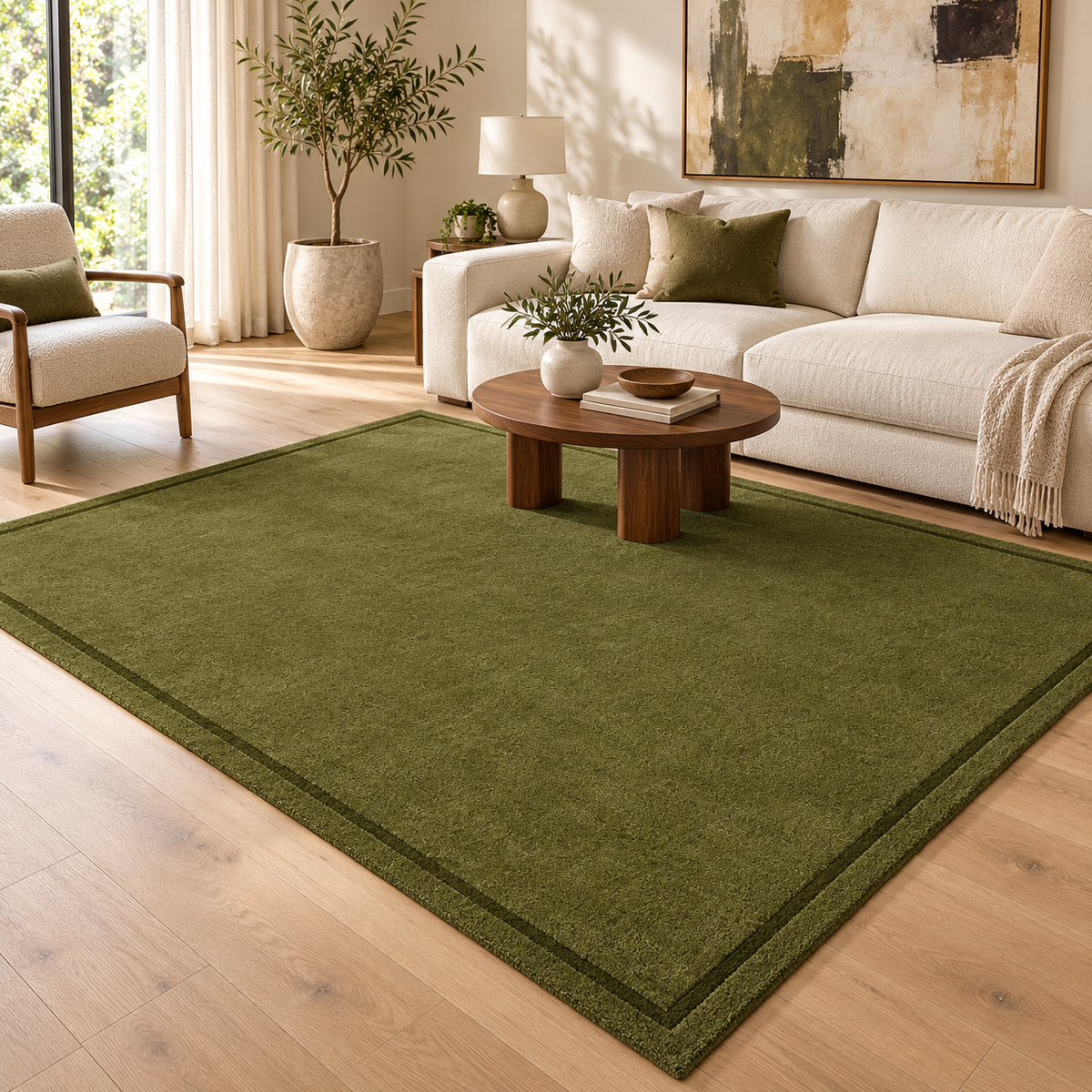 Olive Green Plain Hand Tufted Rug – Subtle Single Border styled in a decorated living room with sofa