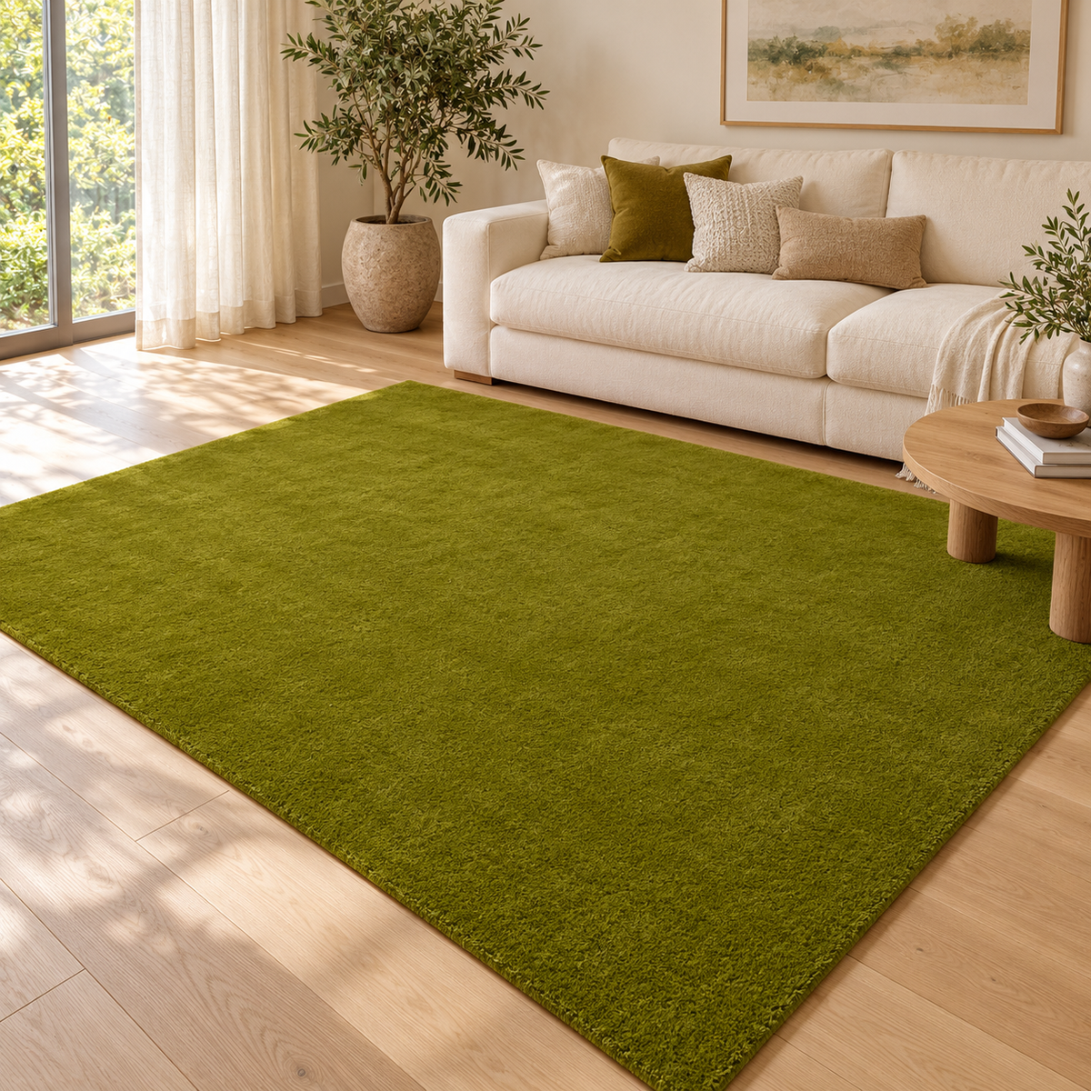 Olive Green Totally Plain Hand Tufted Rug | Borderless Solid Color styled in a decorated living room with sofa