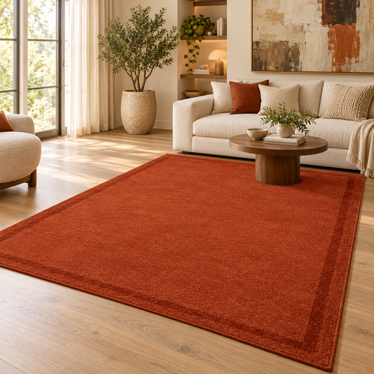 Rust Plain Hand Tufted Rug โ Subtle Single Border styled in a decorated living room with sofa