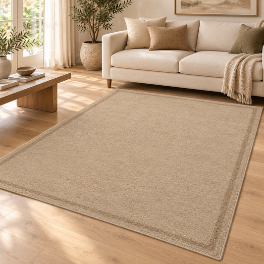 Sand Plain Hand Tufted Rug โ Subtle Single Border styled in a decorated living room with sofa