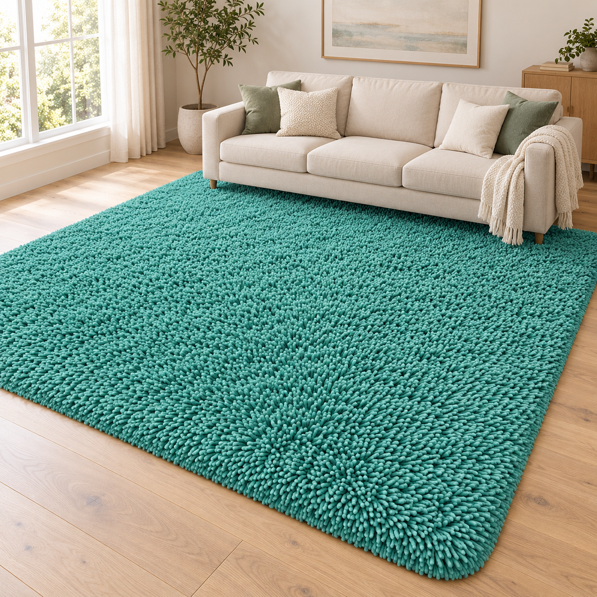 Teal Green shaggy area rug - living room view
