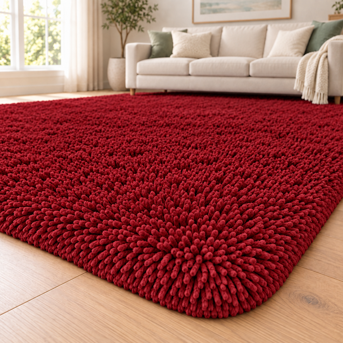 Rich Red solid shaggy area rug β additional product view