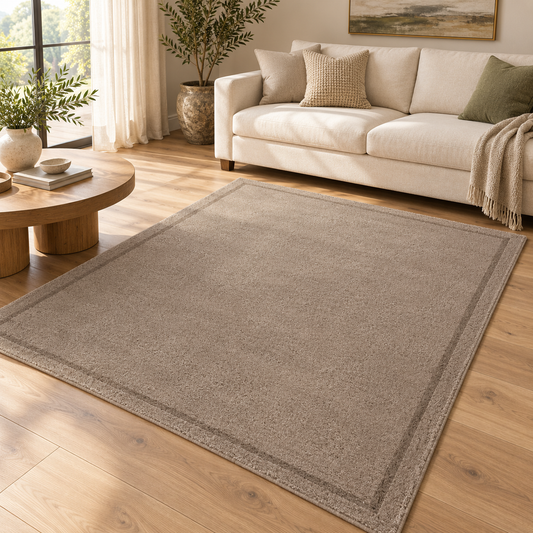 Taupe Plain Hand Tufted Rug โ Subtle Single Border styled in a decorated living room with sofa