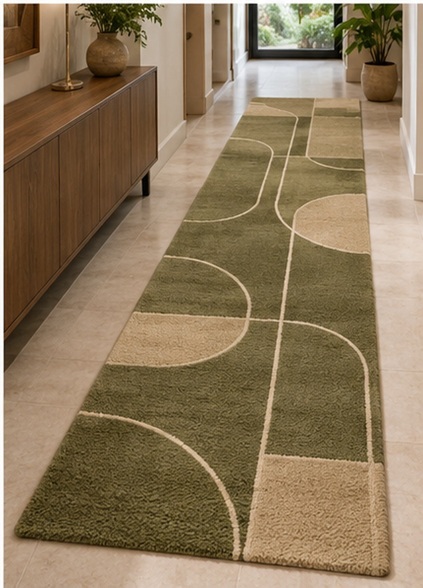 AI-generated room visualization: Olive Minimal Line Art Hand-Tufted Wool Runner Rug
