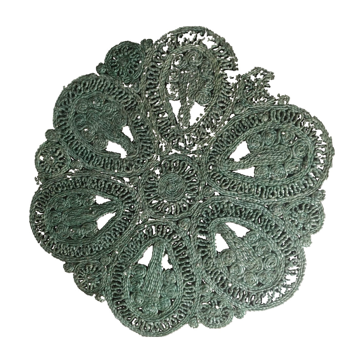 Sage Green hand-braided jute rug, actual product design on white background