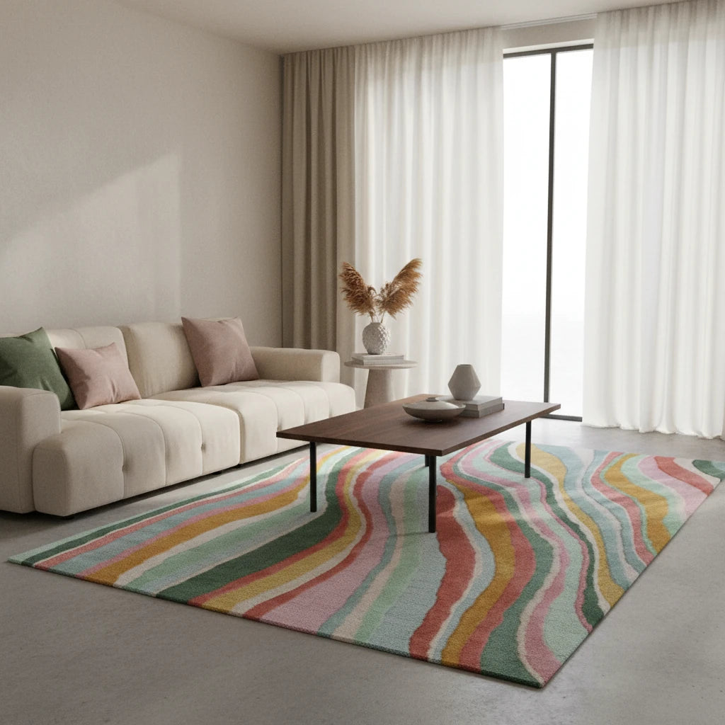 Luxury Hand Tufted Abstract Wave Wool Carpet | Multicolor Modern Area Rug with Natural Latex Anti-Skid Backing