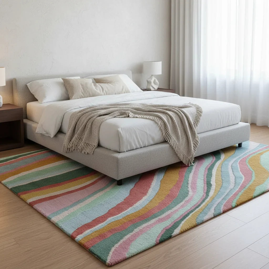 Luxury Hand Tufted Abstract Wave Wool Carpet | Multicolor Modern Area Rug with Natural Latex Anti-Skid Backing