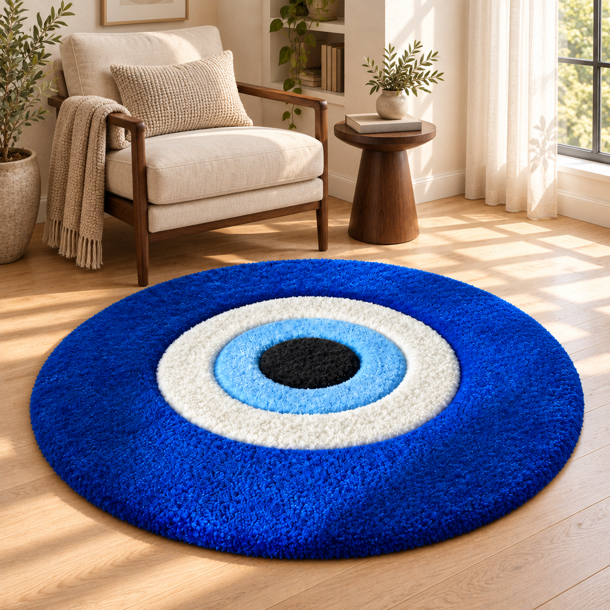 Blue Evil Eye Hand Tufted Rug | Round Statement Carpet