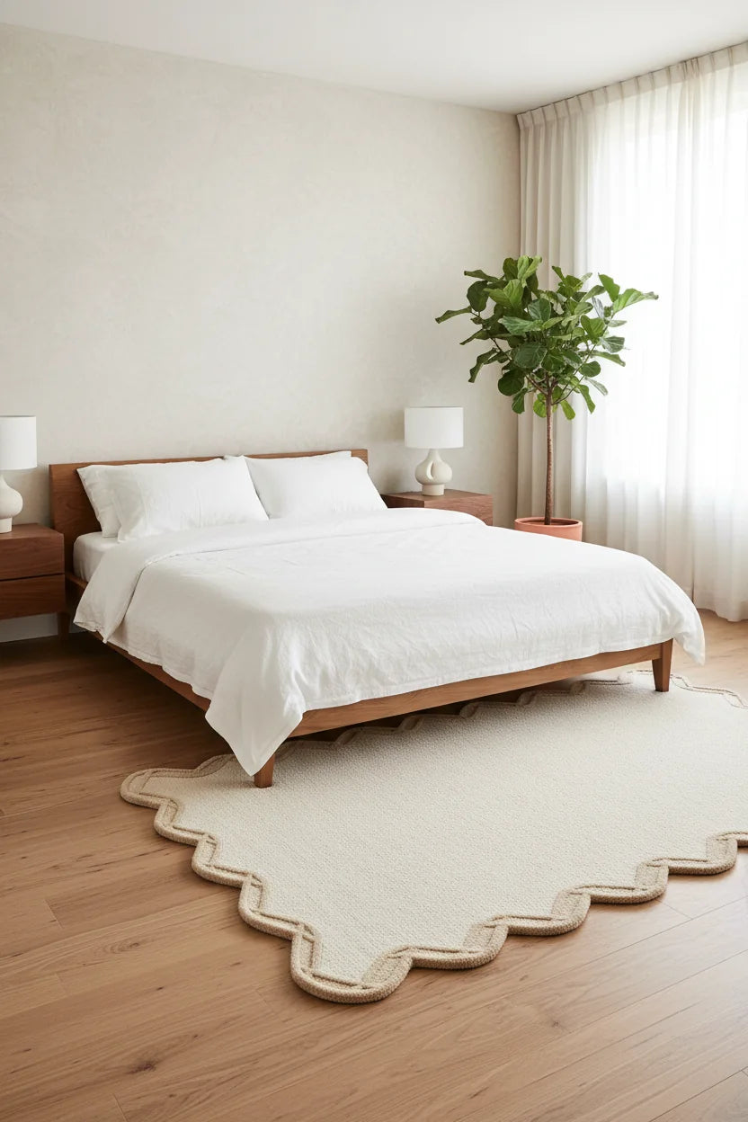 Luxury Hand Tufted Solid Wool Carpet | Scalloped Border Area Rug with Natural Latex Anti-Skid Backing