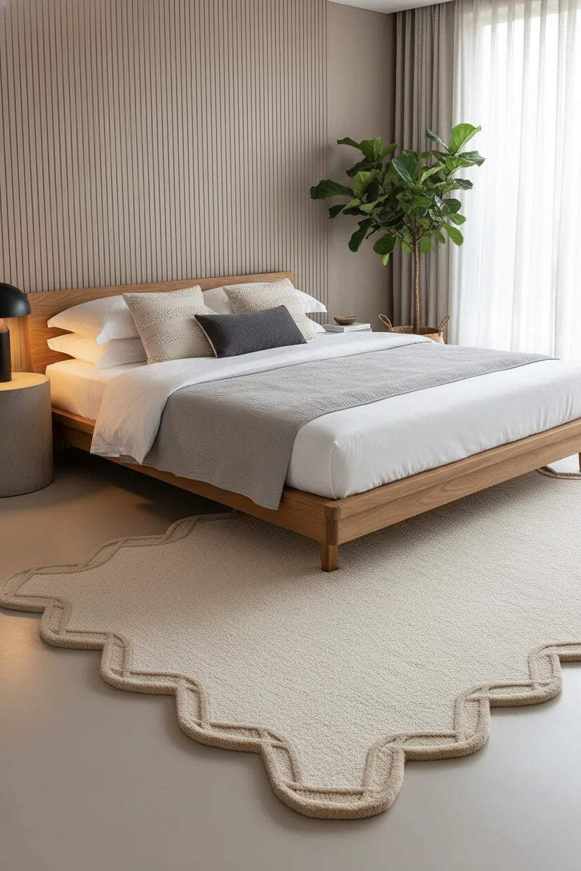 Luxury Hand Tufted Solid Wool Carpet | Scalloped Border Area Rug with Natural Latex Anti-Skid Backing