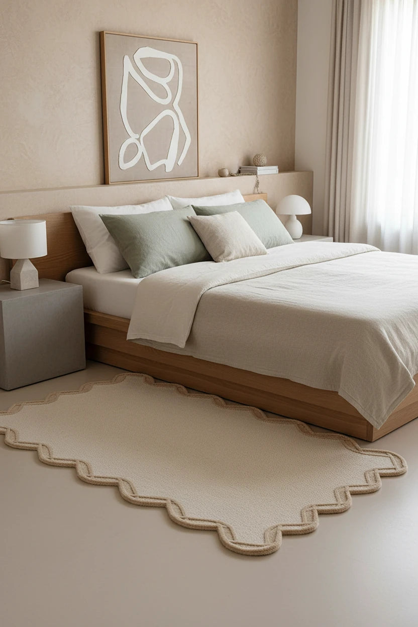 Luxury Hand Tufted Solid Wool Carpet | Scalloped Border Area Rug with Natural Latex Anti-Skid Backing