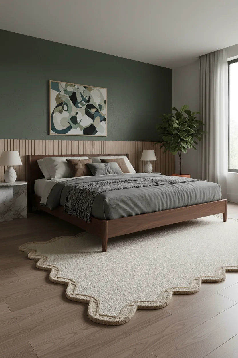 Luxury Hand Tufted Solid Wool Carpet | Scalloped Border Area Rug with Natural Latex Anti-Skid Backing