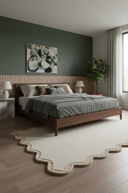 Luxury Hand Tufted Solid Wool Carpet | Scalloped Border Area Rug with Natural Latex Anti-Skid Backing