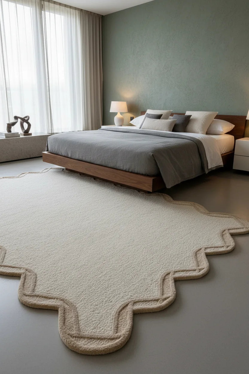 Luxury Hand Tufted Solid Wool Carpet | Scalloped Border Area Rug with Natural Latex Anti-Skid Backing