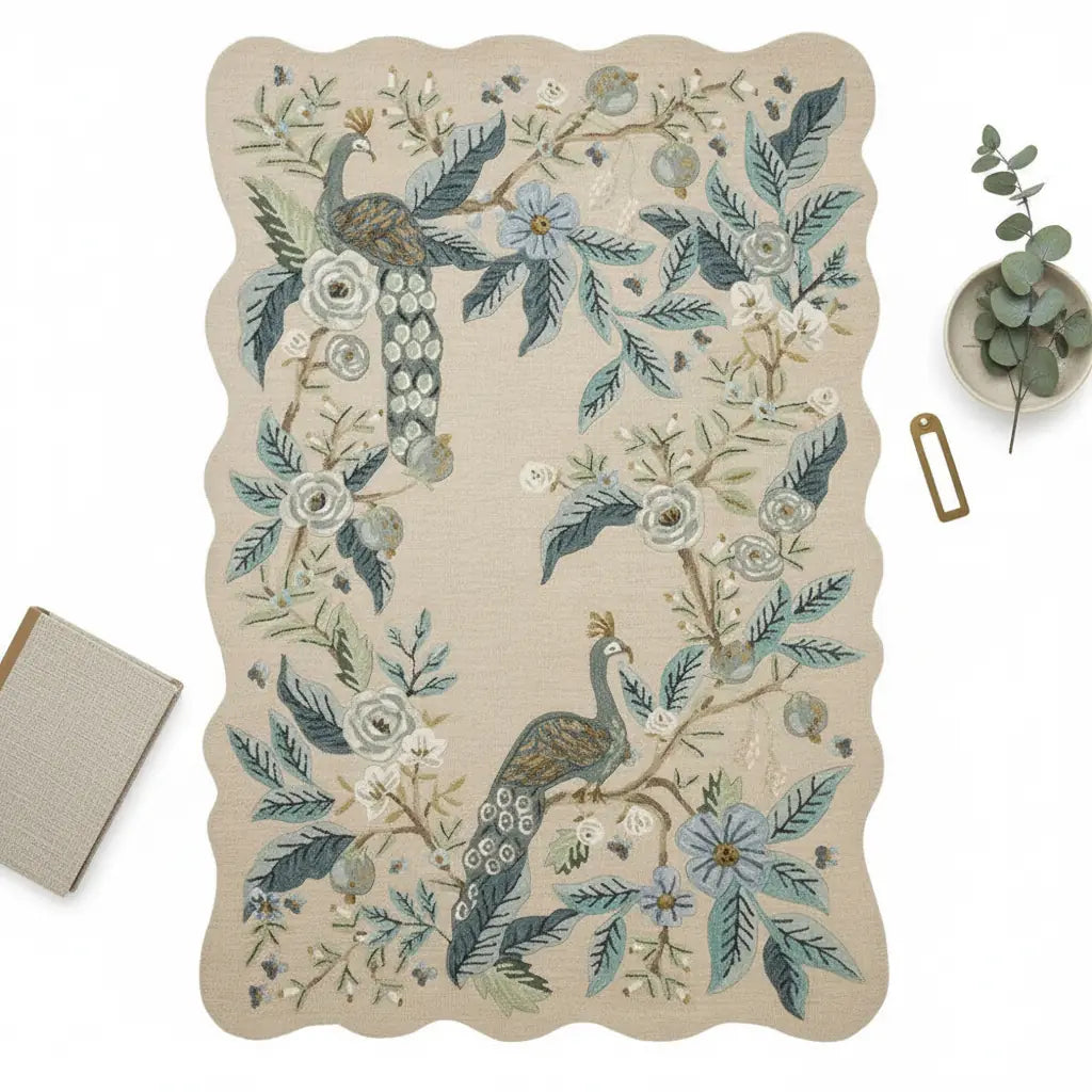 Luxury Hand Tufted Peacock Floral Wool Carpet | Natural Wool Rug with Natural Latex Anti-Skid Backing