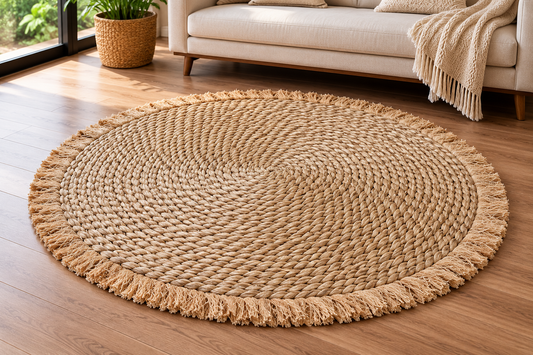 Round Braided Jute Rug with Fringe – Natural Beige Circular Area Rug for Living Room, Bedroom & Entryway